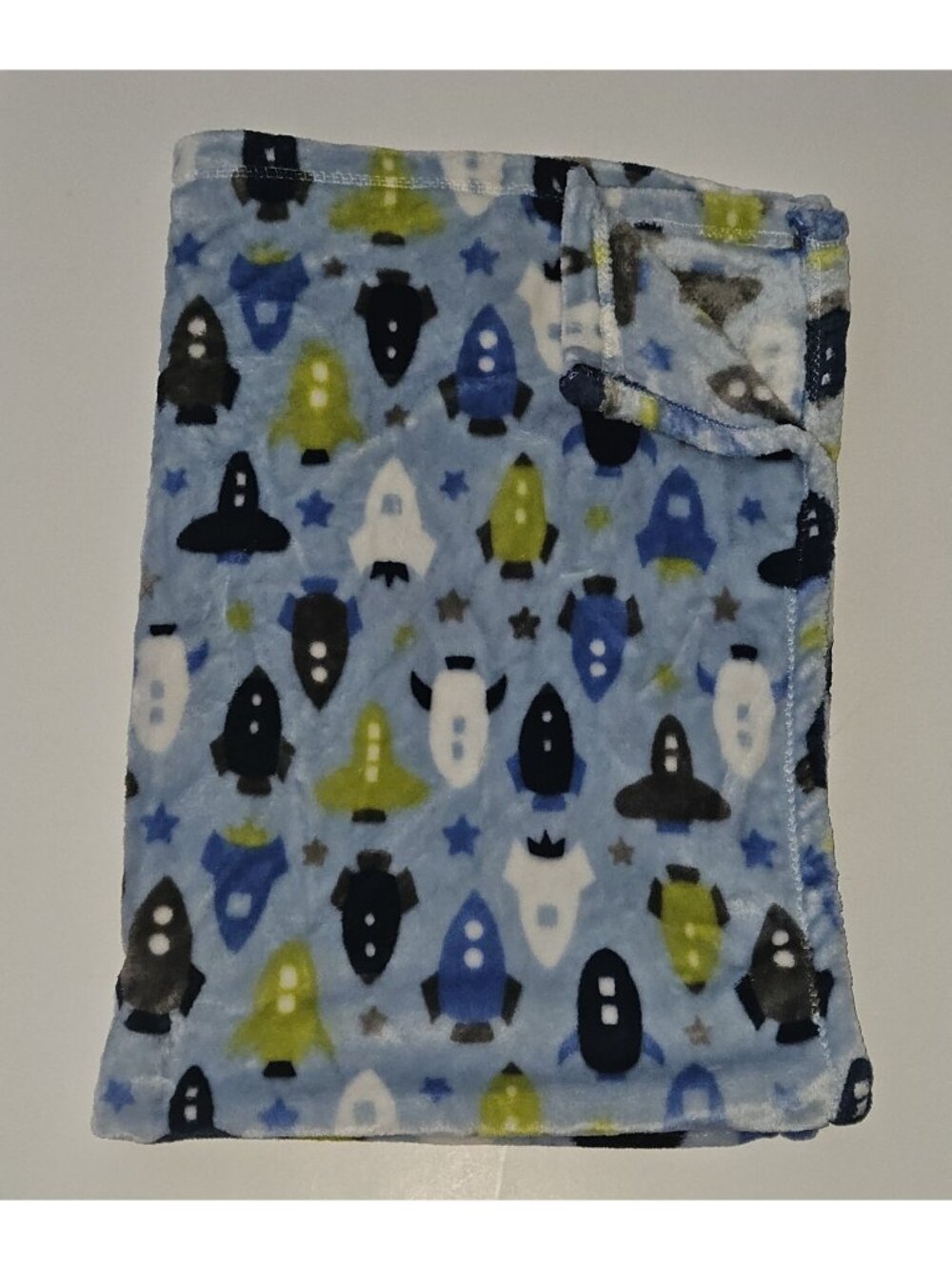 Baby Starters Blue Rockets Fleece Baby Blanket Gray Green White Stars 30x40 SOFT